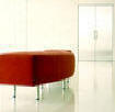 red sofa and a door